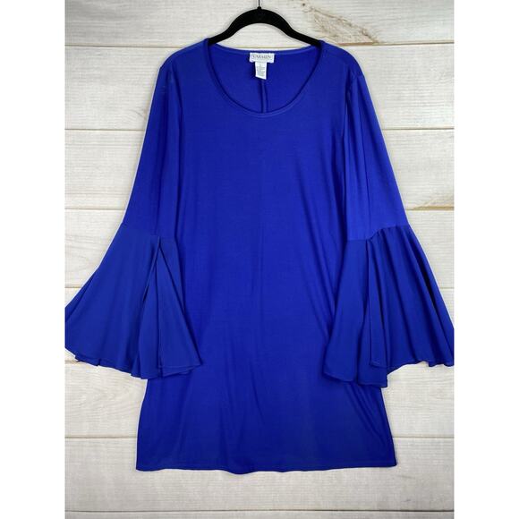 Carmen Marc Valvo Dress Sz L Ultra Blue Slit Bell Sleeve Knee Length Scoop Neck - Picture 1 of 8